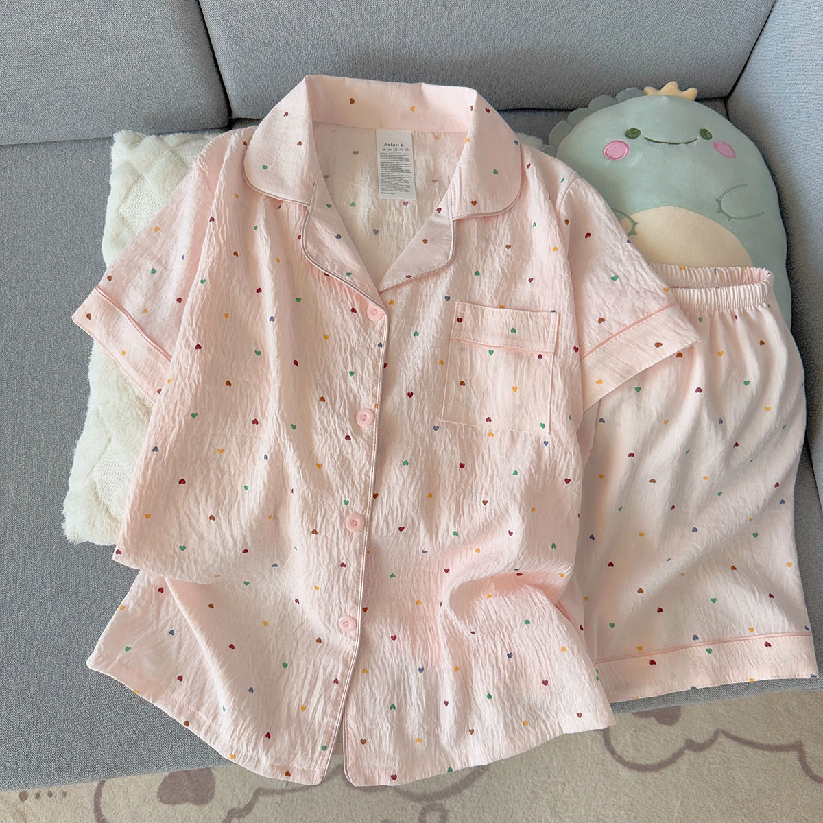 Summer Clothing Cheap - Kadın Baskılı Puantiyeli Pamuklu Pijama Takımı